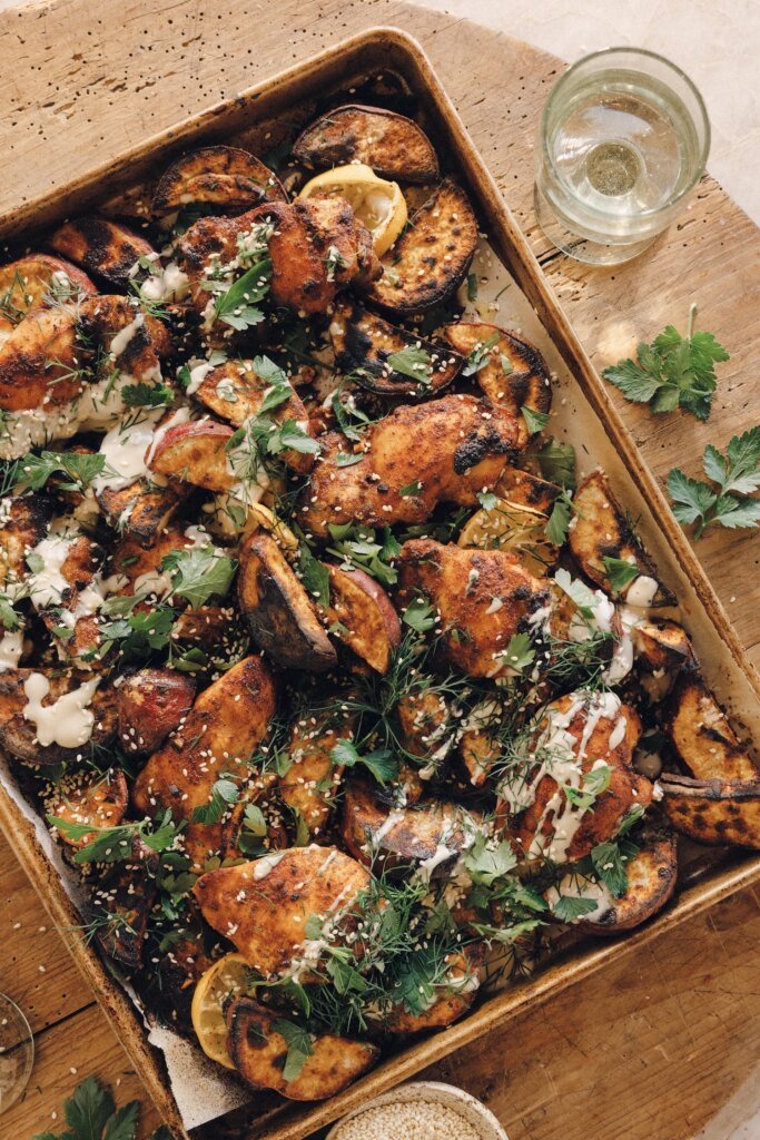 Pan Chicken with Japanese Sweet Potatoes and Tahini Sauce